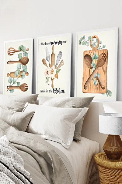 kutuTR Beyaz Çerçeveli 2D UV Baskı 3’lü MDF Tablo Set –Ahşap Kaşık ve Kesme T...