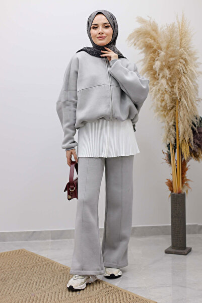 Tesettür Dünyası Zippered Fleece-Lined Tracksuit Set Tsd250258 Gray