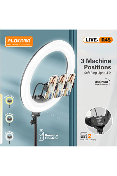 PLOKAMA إضاءة حلقية LED من لايف-آر 45، قطرها 45 سم | دوران 360 درجة | 3 أوضاع...