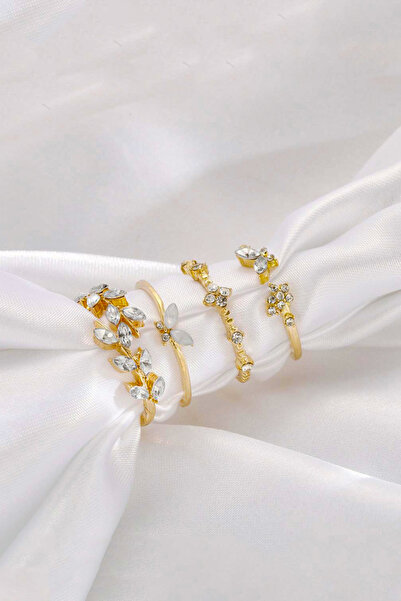 The Collection 4'lü Kombin Kelebek Çiçek Detaylı Eklem Gold Taşlı Yüzük Set