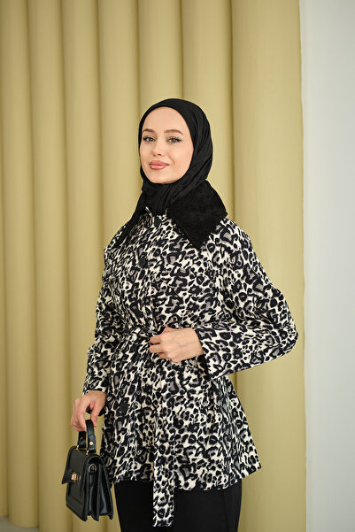 LOCCO Women's Collar Velvet Leopard Print Jacket Black