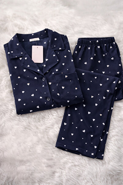 FK Σετ γυναικεία πιτζάμα από βαμβακερό μπλε ναυτικό με σχέδιο καρδιάς – με κο...