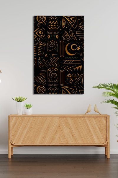 B&G DESIGN Tablou decorativ din sticlă cu model hieroglific auriu, artă de pe...