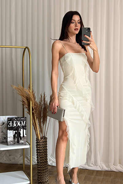 Klex Askılı Şifon Tül Katmanlı Uzun Abiye Elbise