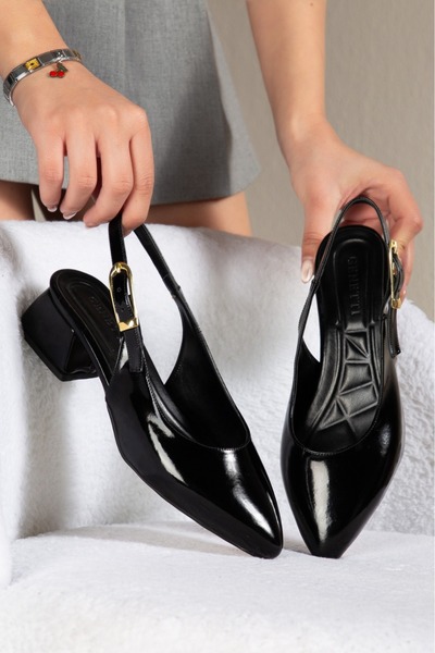 Genetti ELYSA Pantofi negri pentru femei, cu toc gros, cu vârf ascuțit, cu ca...