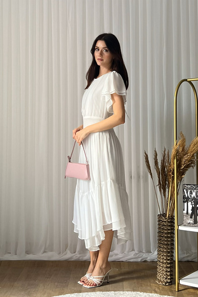 Klex Şifon Kısa Kollu Kat Kat Etekli Midi Abiye Elbise