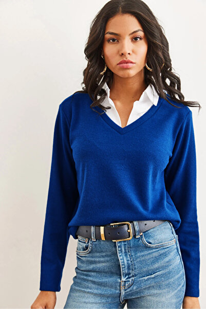 Olalook بلوزة نسائية أزرق بلون الكوبالت باللون الأزرق بياقة قميص وتفاصيل سالونيكية BLZ-19002777