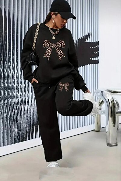 CAST COLLECTİON Set de trening pentru femei, negru, cu imprimeu cu panglică l...