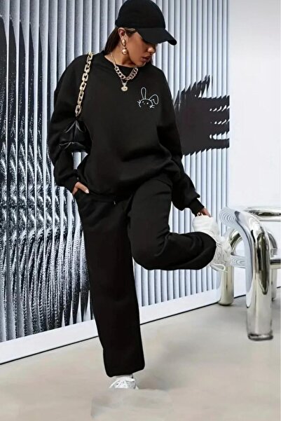 CAST COLLECTİON Γυναικείο σετ φόρμας με στάμπα Black Rabbit και λαιμόκοψη ποδ...