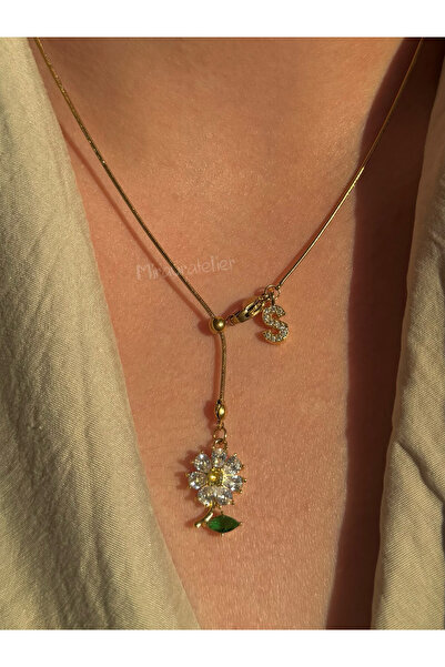 Miraura Atelier Asansör Çelik Zincir Harfli Papatya Kolye