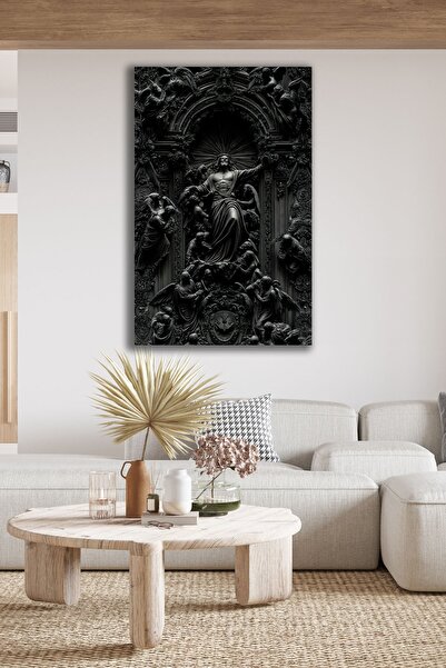 B&G DESIGN Siyah Kabartma Görünümlü Cam Tablo Temperli Heykel Detaylı Duvar D...