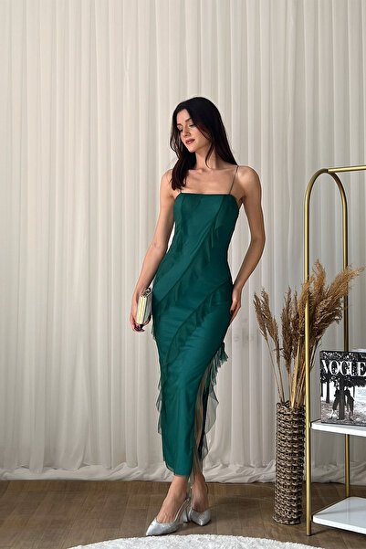 Klex Straps Chiffon Tulle Tiered Long Evening Dress