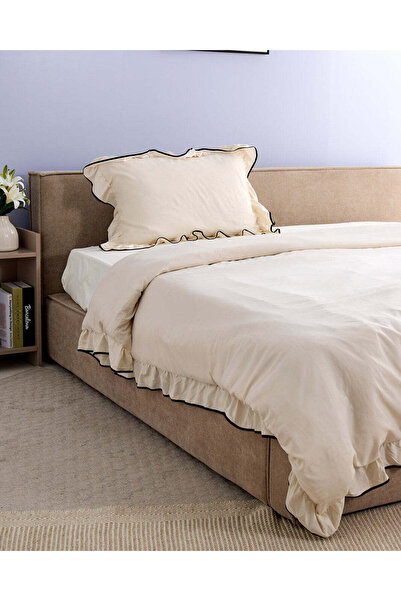 REDTAG Beige 2-Piece Ruffled Duvet Cover Set with Contrast Piping – Single Size