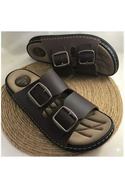 Apella Ανδρικές παντόφλες μεγάλου μεγέθους από μαλακό δέρμα ορθοπεδική και ελαφριά σόλα με διπλή πόρπη, ρυθμιζόμενη ΜΑΥΡΗ