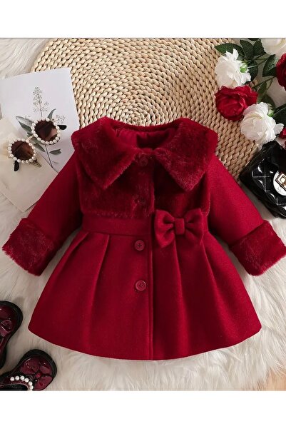 DuRu LiNe 🎀👧 Kız Çocuk Kışlık Şık Peluş Yaka Mont & Elbise – Fiyonklu | Özel Günlere Uygun ❄️✨