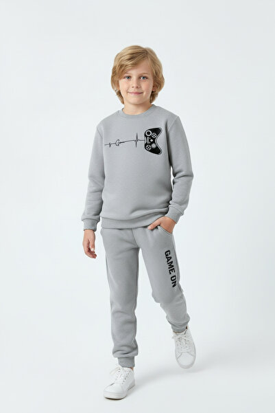 FYK KİDS 3-Ply Thick Round Neck Printed Detail Winter 4-Piece Boys' Tracksuit Set