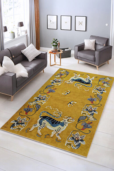 Realhomes Renkli Asya Motifli Yıkanabilir Kaymaz Taban Salon Halısı