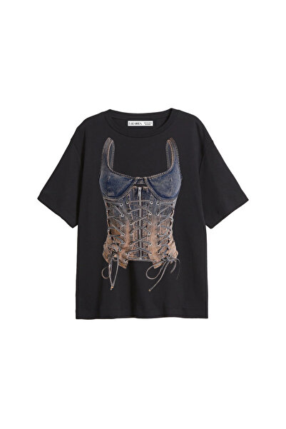 CİNEMA MODA Τζιν Κορσέ με τύπωμα χαλαρή εφαρμογή Μαύρο Γυναικείο Μπλουζάκι