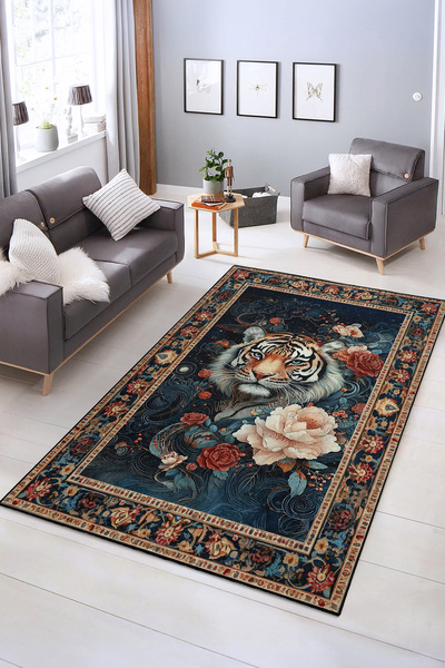 Realhomes Eşsiz Kaplan ve Çiçek Motifli Yıkanabilir Kaymaz Taban Salon Halısı