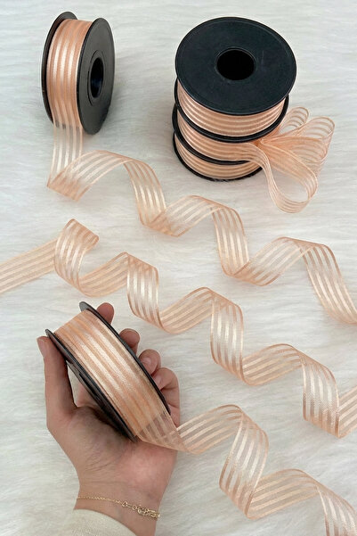 ZEYMERADE Açık Yavruağzı Hilton Striped Chiffon Ribbon 2.5 cm 20 Mt, Bridal, Bundle, Engagement, Dowry, Gift Decoration