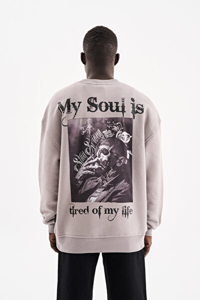 Machinist Men's My Soul Is Printed Oversized Fleece-Lined Sweatshirt Light Gray