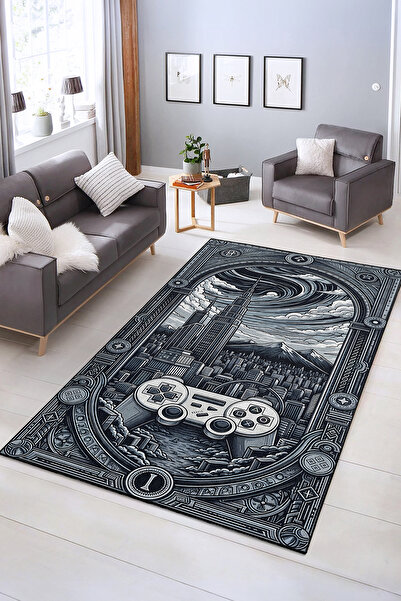 Realhomes Şık Siyah Beyaz Şehir Manzaralı Yıkanabilir Kaymaz Taban Salon Halısı