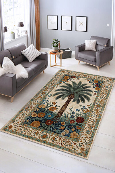 Realhomes Tropikal Palmiyeli Çiçek Desenli Yıkanabilir Kaymaz Taban Salon Halısı