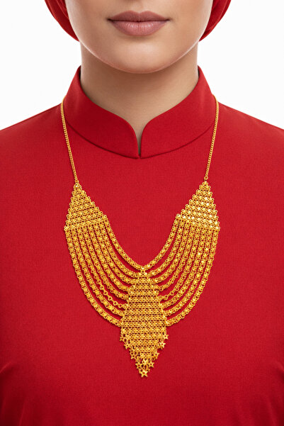 Parılda Premium Altın Kaplama Baklava Dilimi 8 Sıra Akıtma Madonna Kolye