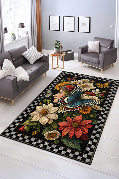 Realhomes Renkli Çiçekler ve Kelebekler Desenli Yıkanabilir Kaymaz Taban Salo...