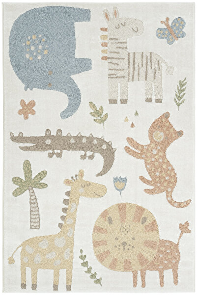 Cool Halı Smile Krem Renkli Sevimli Orman Hayvanları Desenli Yumuşak Parlak D...