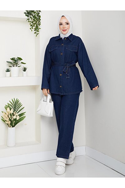 Pamuk Butik Women's Belted Double Denim Set with Pants