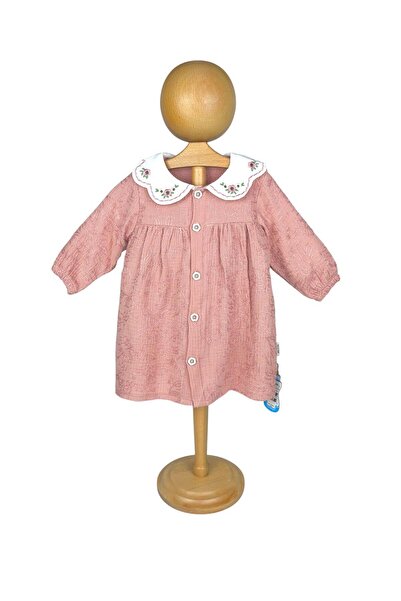 babymilk Kız Bebek ve Kız Çocuk Müslin Elbise Yakalı Nakışlı Önden Düğmeli
