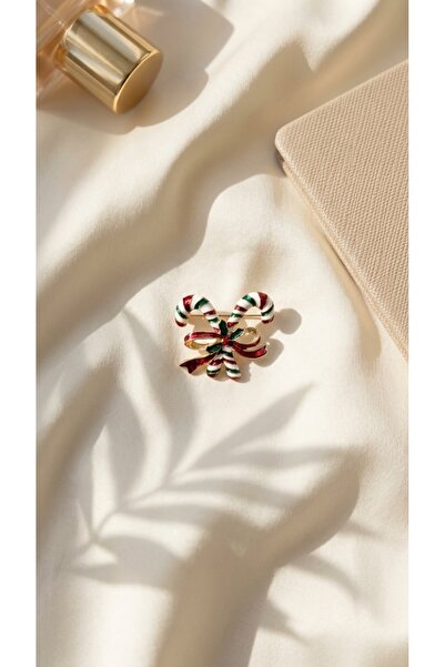 SR Jewelry Box Yılbaşı Şeker Bastonu Figürlü Kadın Broş | Noel Temalı Kırmızı Yeşil Broş