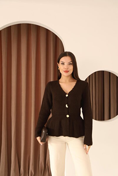 İgnites Brown Waist Flared Button Detailed Knit Cardigan-Igni̇tes-00023