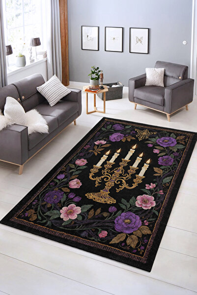 Realhomes Şık Çiçek Desenli Yıkanabilir Kaymaz Taban Salon Halısı