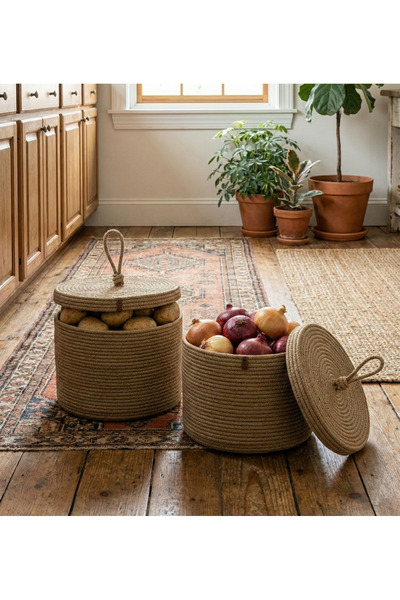Dosade 2’li Kapaklı Jüt Sebzelik Seti (27x20 cm) - Bohem Mutfak Patates Soğan...