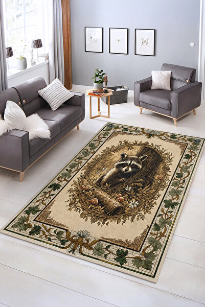Realhomes Vintage Rakun Desenli Yıkanabilir Kaymaz Taban Salon Halısı