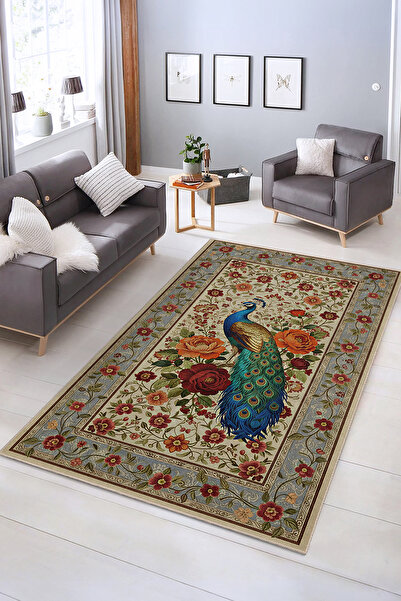 Realhomes Rengarenk Tavus Kuşu Desenli Yıkanabilir Kaymaz Taban Salon Halısı