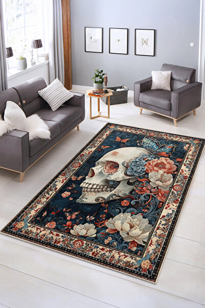 Realhomes Vintage Gotik Kurukafa Desenli Halı | Antislip Taban Dijital Baskı ...