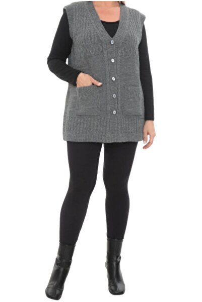 Fresh&Moda Women's Plus Size V-Neck Wool Short Knit Pattern Buttoned Mom Vest