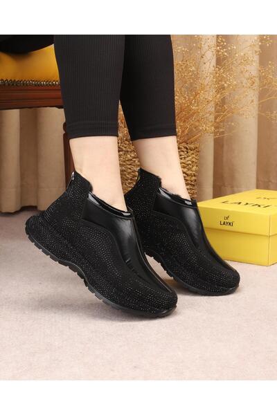 layki Fiora Black Patent Leather Stone Patterned Winter Boots