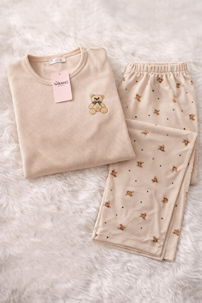 FK طقم بيجامة نسائية من القطن بنقشة دمية الدب – ملابس منزلية ناعمة ومسامية ومريحة