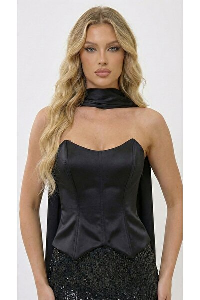 Lovely Dress Straplez Saten Büstiyerli Işıltılı Payet Detaylı Fularlı Mezuniy...