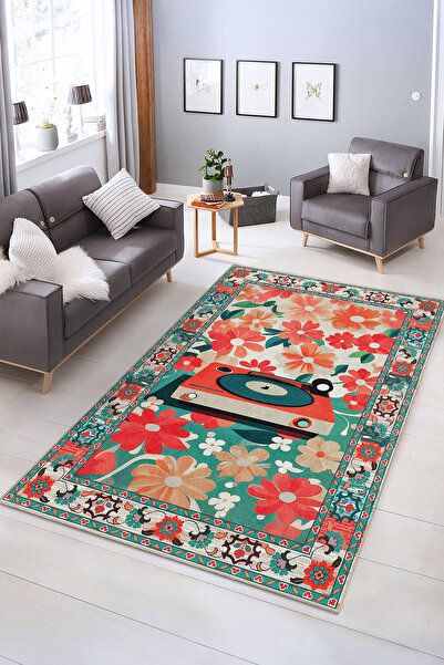 Realhomes Renkli Çiçek Desenli Yıkanabilir Kaymaz Taban Dekoratif Salon Halısı