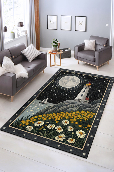 Realhomes Romantik Deniz Feneri ve Papatya Desenli Yıkanabilir Kaymaz Taban S...