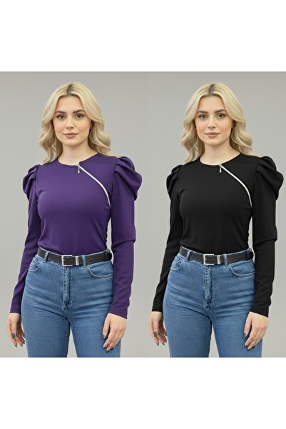 Moda Lounge Advantageous 2-Pack Purple & Black Zipper Detailed Blouse