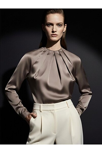 RİVUS Special Design Drawstring Collar Detailed Snap Button Body Blouse - Mink