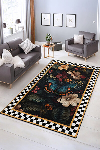 Realhomes Çiçek ve Kelebek Desenli Yıkanabilir Kaymaz Taban Salon Halısı
