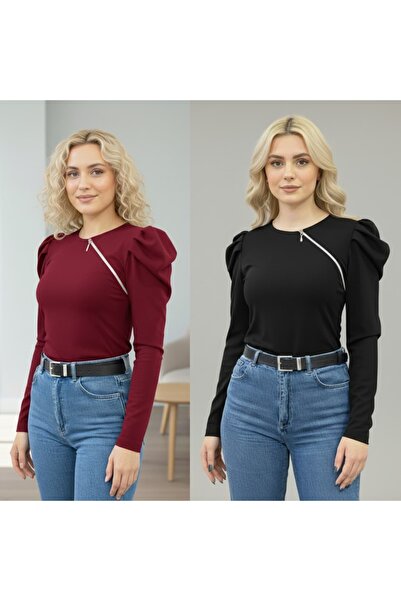 Moda Lounge Advantageous 2-Pack Burgundy & Black Blouse with Zipper Detail