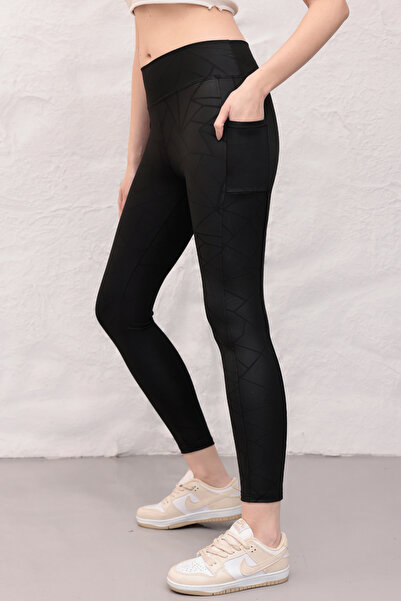 Firststops Women's Black Patterned High Waist Diving Fabric Side Pocket Shaping / Sculpting No Show Sports Leggings